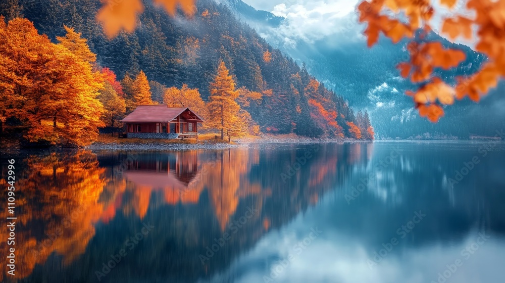 Fototapeta premium Lakeside Serenity in Autumn, tranquil lake surrounded by vibrant fall foliage, reflections shimmering on still water, evoking a sense of peace and natural beauty