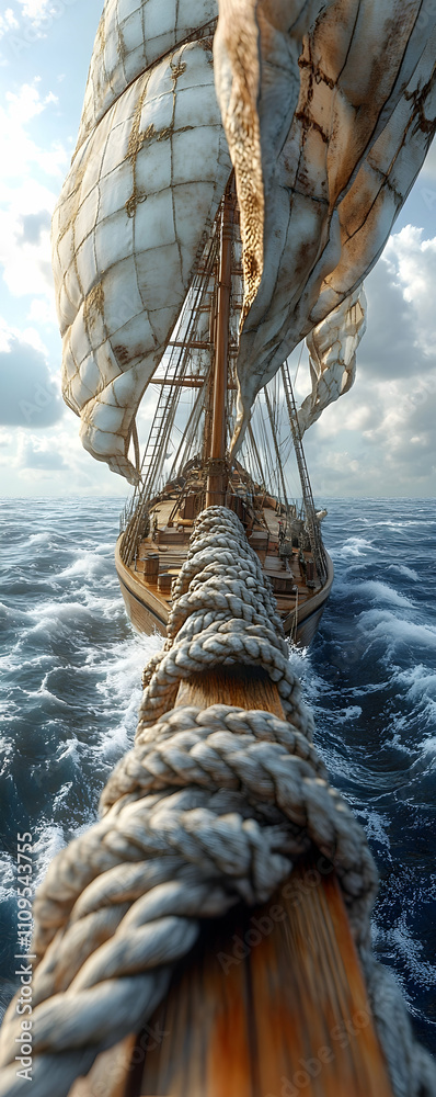 Obraz premium Sailing ship at sea, view from deck.
