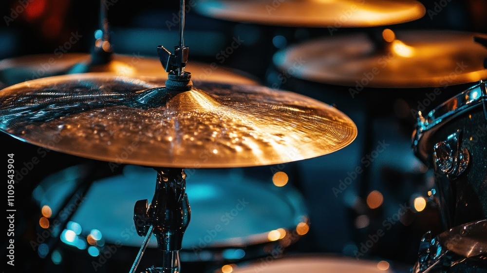 Obraz premium Close-Up of a Shiny Cymbal on a Drum Set