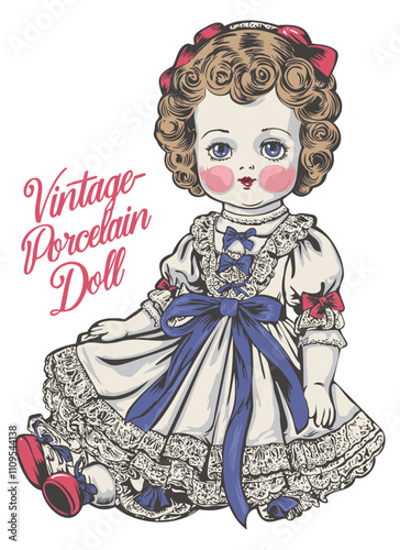 Vintage porcelain doll. Vector isolated illustration with lettering