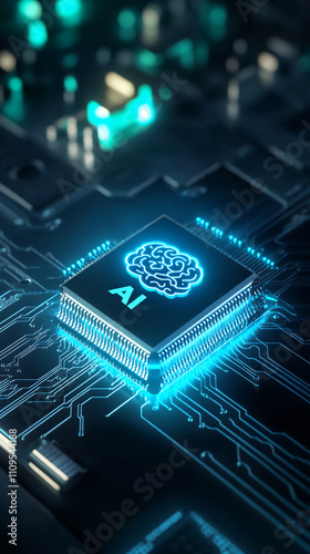 Artificial intelligence processor chip glowing with blue circuit brain symbol