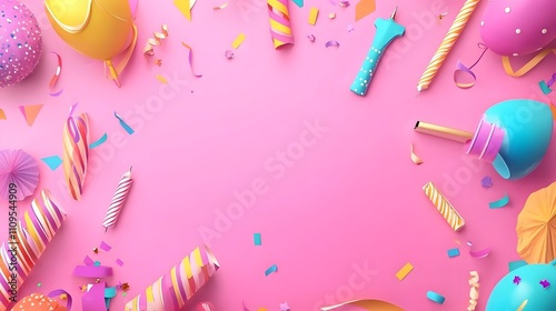 Festive birthday party supplies border on pink background.