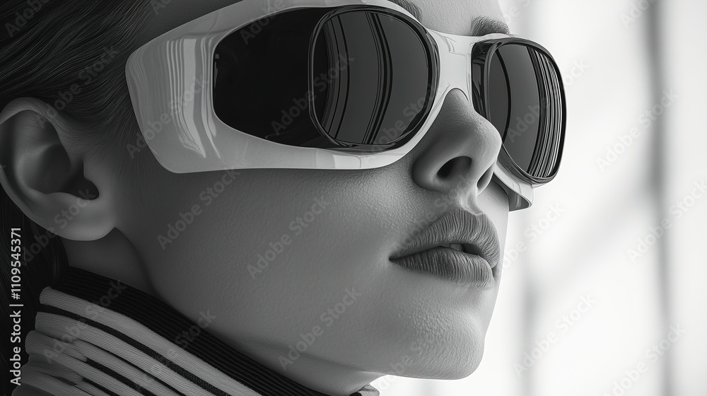 Stylish woman wearing sunglasses with sleek design in a modern indoor setting during daylight hours. Generative AI
