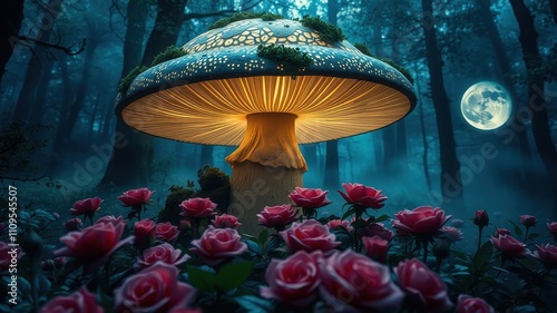 A luminous mushroom illuminates a foggy forest floor where pink roses bloom under the watchful eye of a full moon. photo