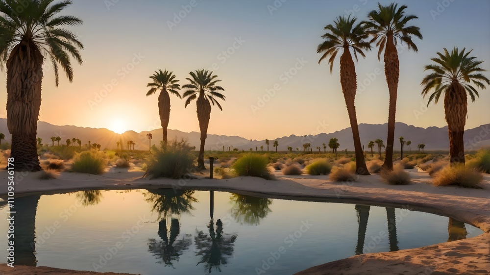 Desert Oasis at Dawn: Serene Wallpaper with Crystal Waters and Golden Dunes Desert Oasis at Dawn: Serene Wallpaper with Crystal Waters and Golden Dunes