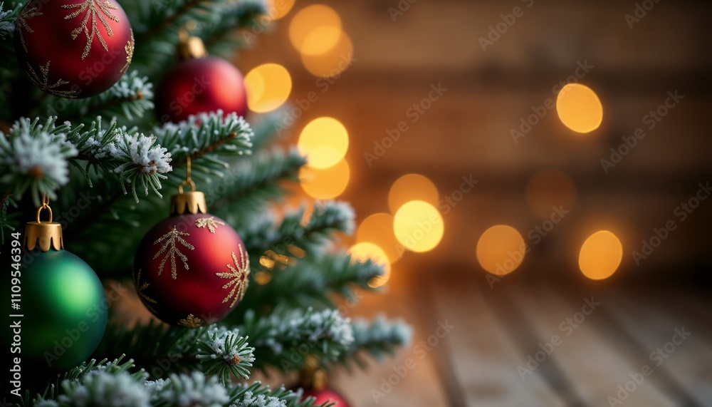 Obraz premium A beautifully decorated Christmas tree adorned with green and red baubles. Warm glowing lights create a festive and cozy holiday atmosphere, perfect for seasonal celebrations and joyful gatherings.