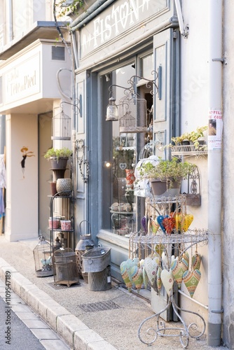 Charming floral boutique display on quaint european street