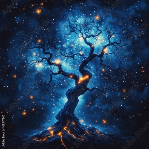 A mystical tree illuminated against a starry night sky, symbolizing nature and cosmic beauty.