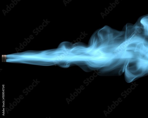 Light blue smoke stream from pipe on black background.