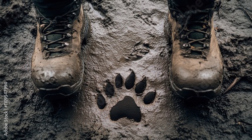 Hiking boots on muddy terrain next to a large bear paw print, hinting at wildlife presence. photo