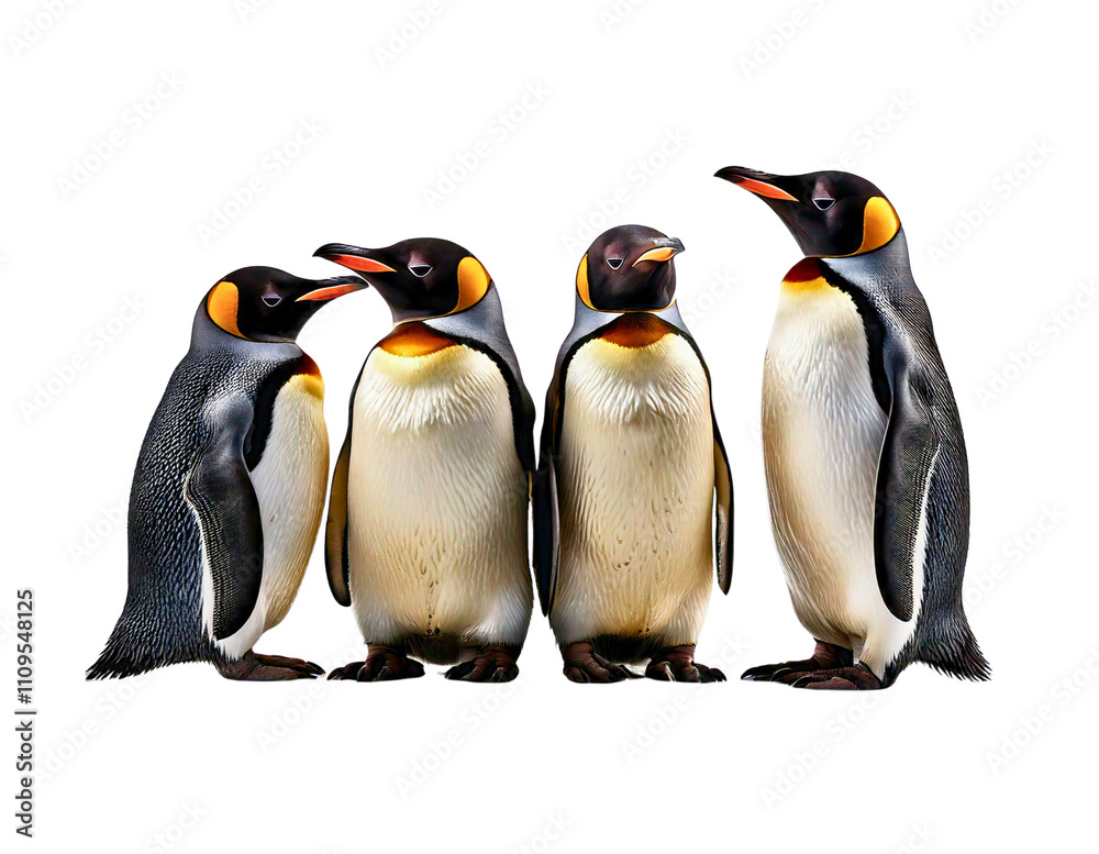 Fototapeta premium Four majestic penguins stand side by side on a transparent background gracefully.