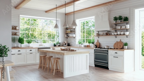 Bright Scandinavian kitchen interior with white cabinets, wooden countertops, and central island featuring natural light from large windows and decorative plants on shelves.