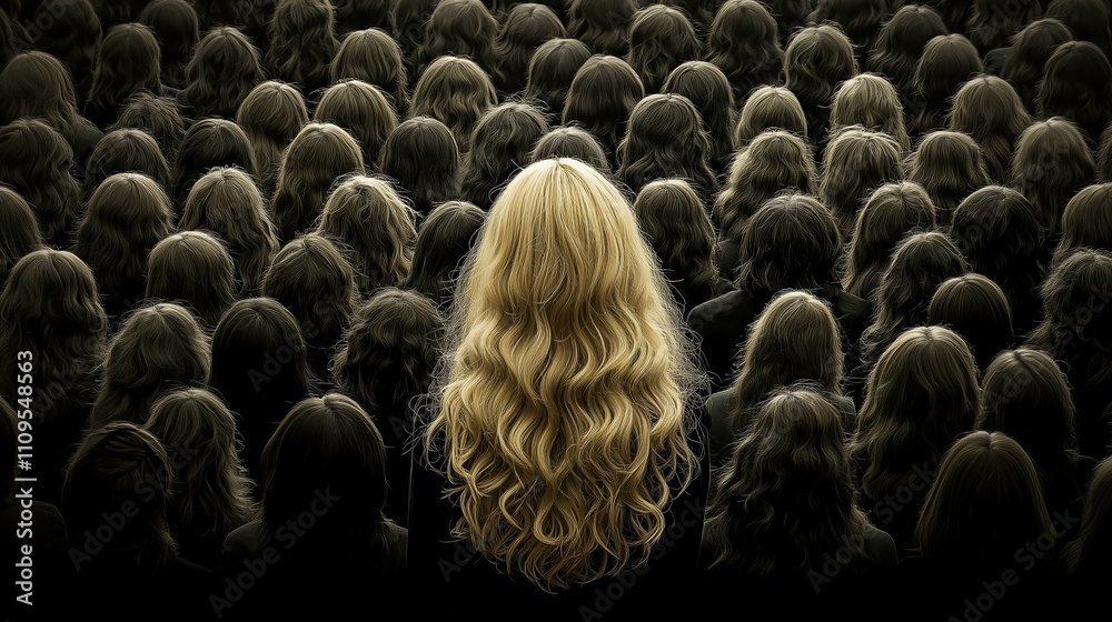 Obraz premium A unique perspective of a crowd, highlighting a single individual with long, wavy hair amidst a sea of similar figures.