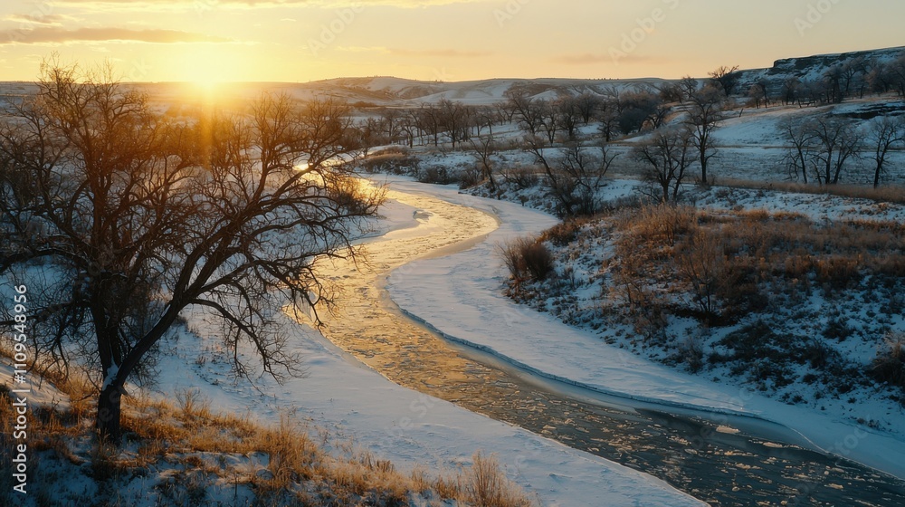 A frozen river winding through a snowy valley, with bare trees and golden light on the horizon. 