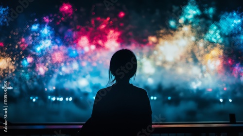 Silhouetted woman watching vibrant fireworks display. photo