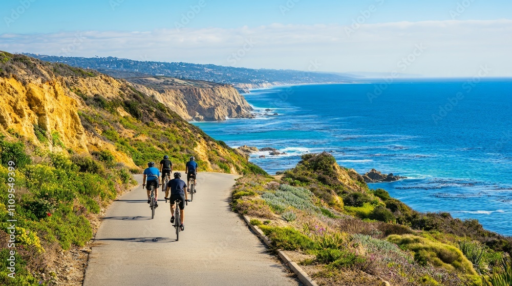 Coastal Adventure, a vibrant bike ride along a picturesque shoreline, riders enjoying breathtaking ocean vistas and the invigorating sea breeze Coastal Adventure, a vibrant bike ride along a picturesque shoreline, riders enjoying breathtaking ocean vistas and the invigorating sea breeze