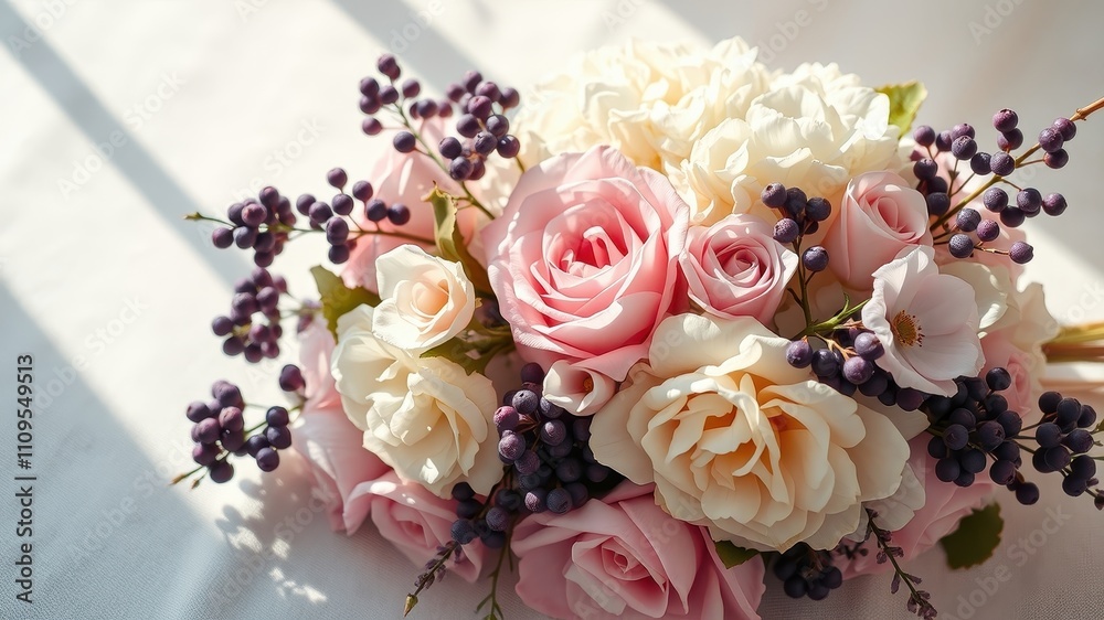 A delicate arrangement of soft pink and ivory roses, accented with clusters of deep purple berries, captures the essence of elegance and serenity. A delicate arrangement of soft pink and ivory roses, accented with clusters of deep purple berries, captures the essence of elegance and serenity.
