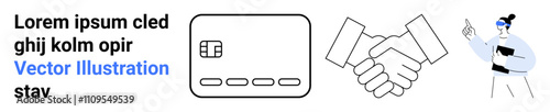 Businesswoman pointing at text, handshake illustration, credit card icon. Ideal for financial services, business partnerships, corporate communications, presentations, customer service, online