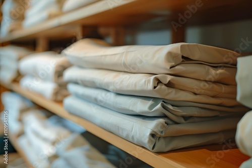 A closeup of a stack of neatly folded bed sheets, arranged by size and color on a shelf