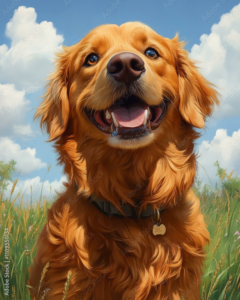Obraz premium Retrieve cheerful golden retriever portrait in nature with bright skies and a joyful expression suitable for pet-focused designs and nature photography themes