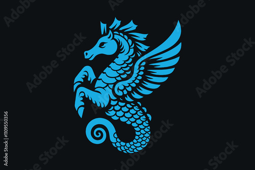 Sea horse. Hippocampus Mythical creature. Ancient vector illustration, emblem, logo, print. Blue on black