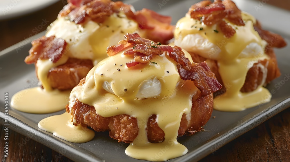 A dish of classic eggs benedict with hollandaise sauce and crispy bacon. A dish of classic eggs benedict with hollandaise sauce and crispy bacon.