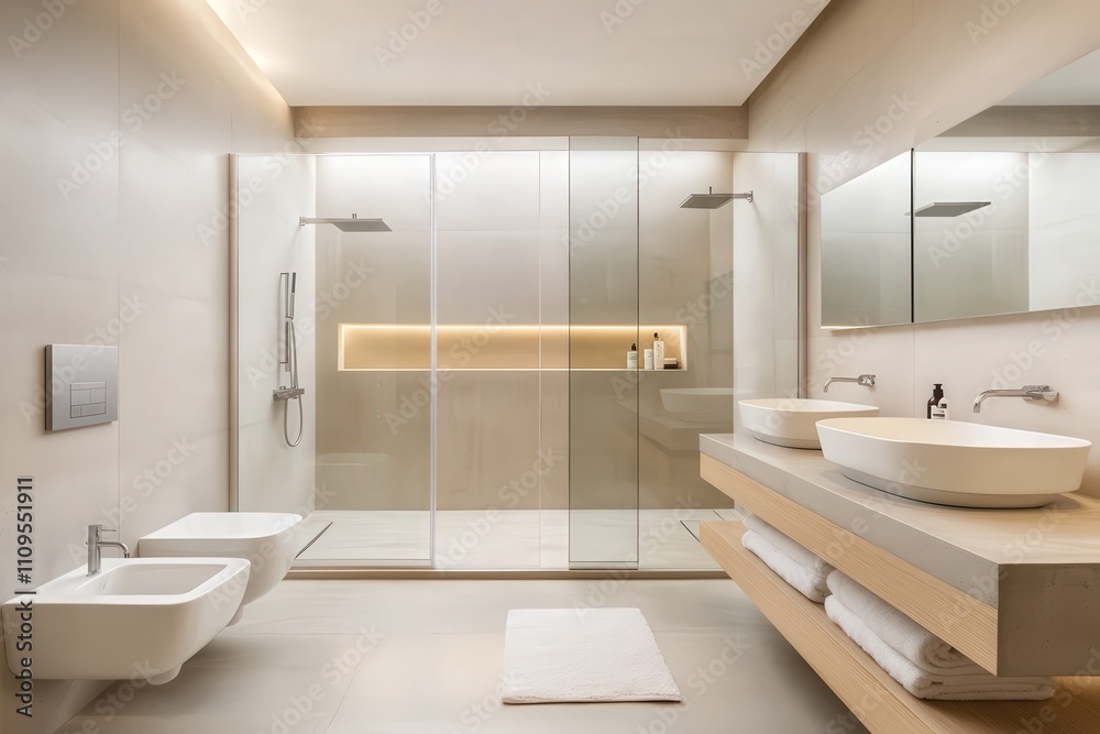 Modern minimalist bathroom design with elegant fixtures, spacious shower area, sleek cabinetry, and soft neutral tones inviting tranquility and relaxation Modern minimalist bathroom design with elegant fixtures, spacious shower area, sleek cabinetry, and soft neutral tones inviting tranquility and relaxation
