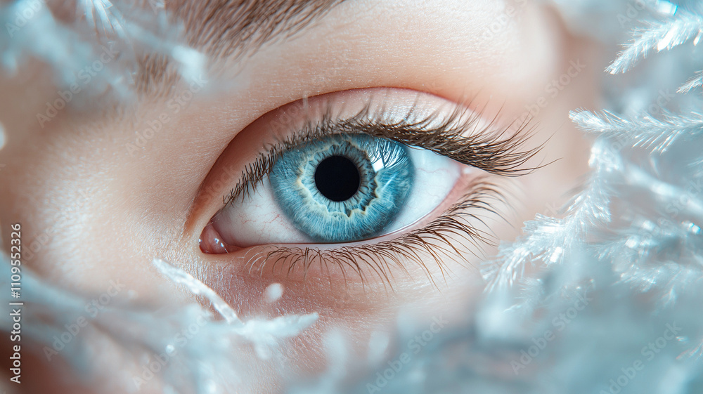 close up of striking blue eye surrounded by icy textures, evoking sense of wonder close up of striking blue eye surrounded by icy textures, evoking sense of wonder