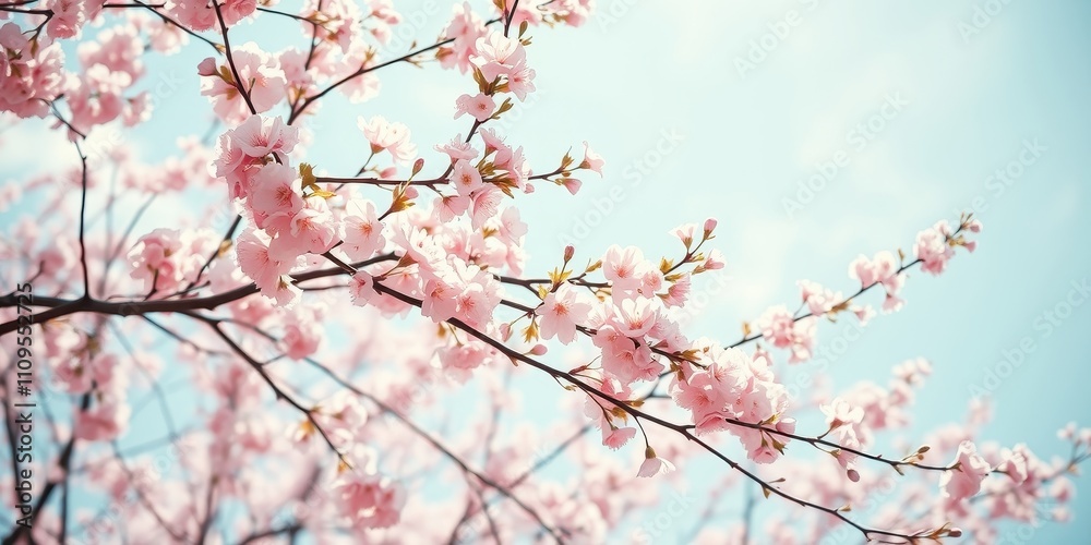 Delicate pink blossoms on a branch against a bright blue sky, a symbol of spring's arrival and new beginnings. Delicate pink blossoms on a branch against a bright blue sky, a symbol of spring's arrival and new beginnings.
