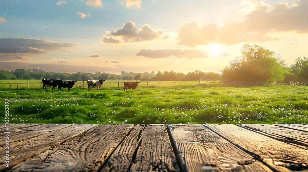 Obraz premium Pasture and Cows Behind Wooden Table for Display