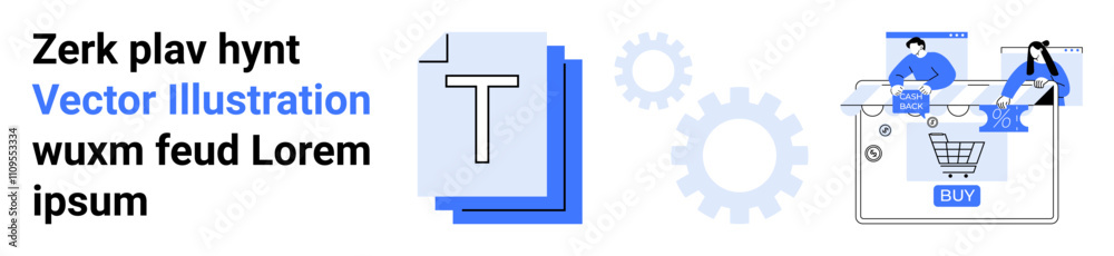 Two people at a desk discussing data text documents with letter T gears symbols shopping cart with BUY button. Ideal for marketing, sales, teamwork, strategy, technology, e-commerce, digital Two people at a desk discussing data text documents with letter T gears symbols shopping cart with BUY button. Ideal for marketing, sales, teamwork, strategy, technology, e-commerce, digital