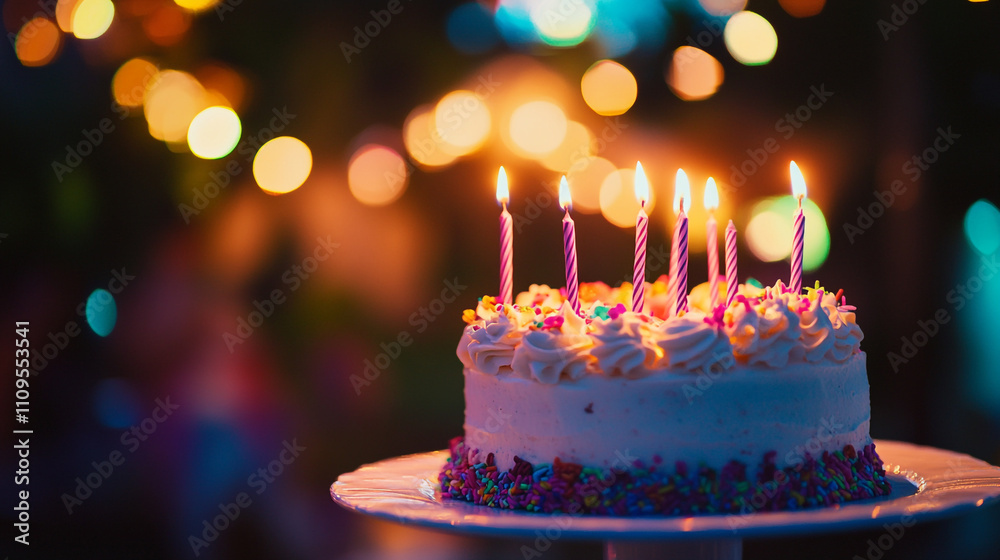 Celebrate a birthday with a colorful cake and glowing candles at an evening party Celebrate a birthday with a colorful cake and glowing candles at an evening party