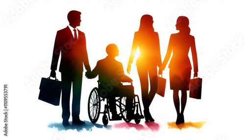 Diversity and inclusion, minimalist watercolor silhouette illustration of wheelchair user and business professionals holding hands in unity and support.