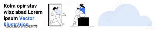 Digital interaction concept with one person exiting a smartphone screen toward another person sitting on a cube reading. Ideal for technology, communication, connectivity, digital transformation