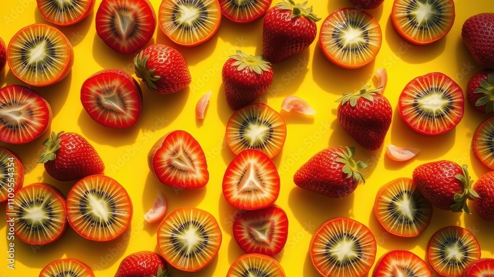A vibrant arrangement of halved strawberries and kiwi fruit, showcased on a bright yellow background, capturing the essence of summer's bounty. A vibrant arrangement of halved strawberries and kiwi fruit, showcased on a bright yellow background, capturing the essence of summer's bounty.