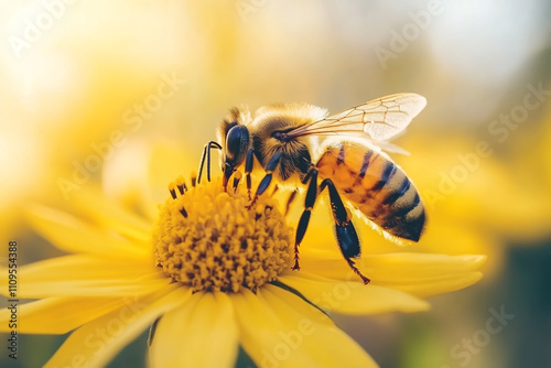 Bee on yellow flowers in spring, a natural background with a bee working for honey and nectar in a flower meadow garden