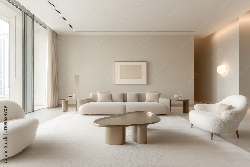 Fototapeta premium Contemporary Minimalist Living Room Design with Neutral Color Palette and Stylish Furniture Arrangement
