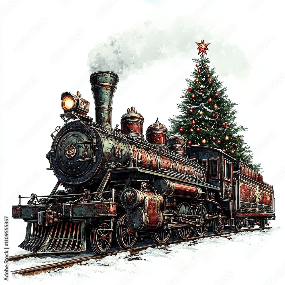Naklejka premium Vintage steam train with Christmas tree in snowy setting.