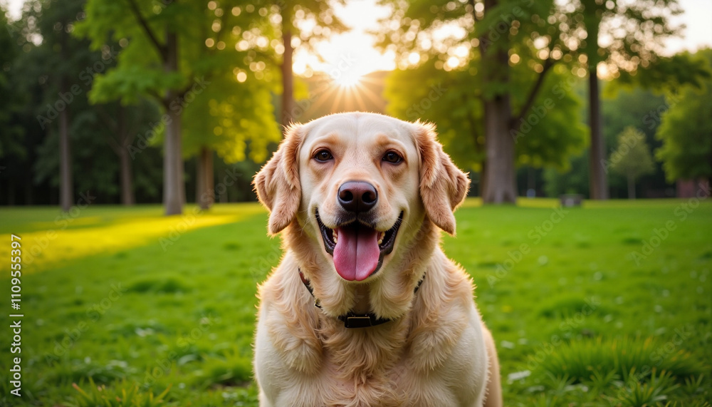 Smiling golden retriever in sunny park with trees