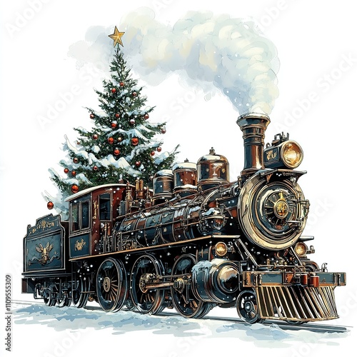 Vintage steam train with Christmas tree in snowy setting.