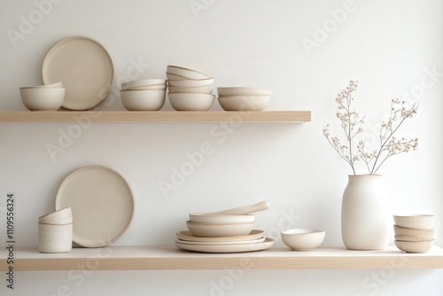 Minimalist Display of Earthy Ceramic Tableware with Elegant Design, Soft Neutrals and Subtle Textures on Wooden Shelves, Cozy Home Aesthetic