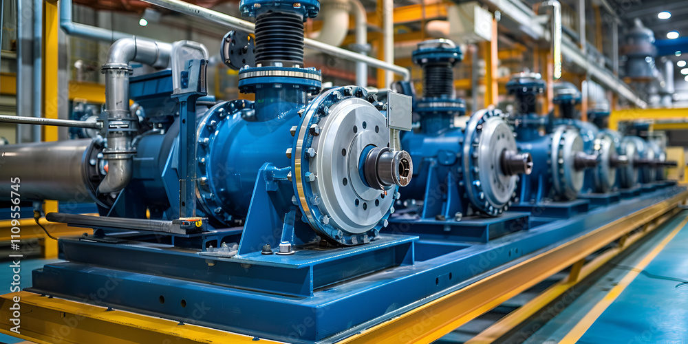 A large assembly of industrial machinery operating within a factory setting, Efficient Water Conservation Industrial Pumps in Action, Closeup Pumps and motors in a water distribution facility. A large assembly of industrial machinery operating within a factory setting, Efficient Water Conservation Industrial Pumps in Action, Closeup Pumps and motors in a water distribution facility.