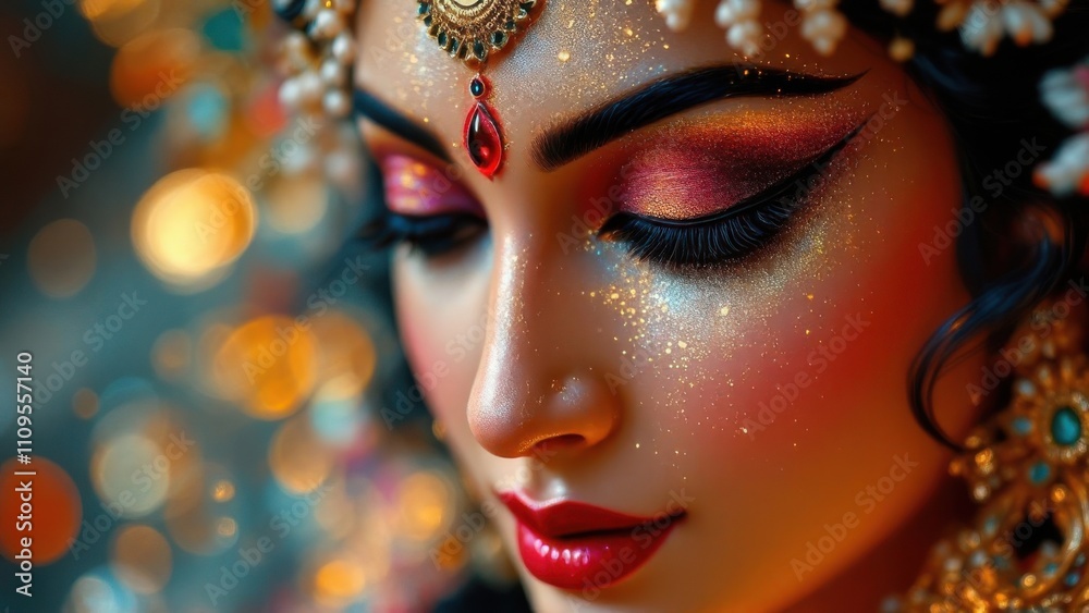 Close-up of a Woman with Colorful Makeup and Glitter Details, Representing Art, Culture, and Beauty with a Dreamy Bokeh Background