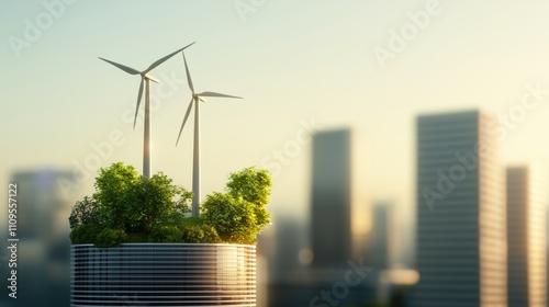 Green technology, the future concept of sustainable energy, wind turbine, wind energy for smart city, renewable energy to businesses, people, and smart city, new generation of power, generative ai