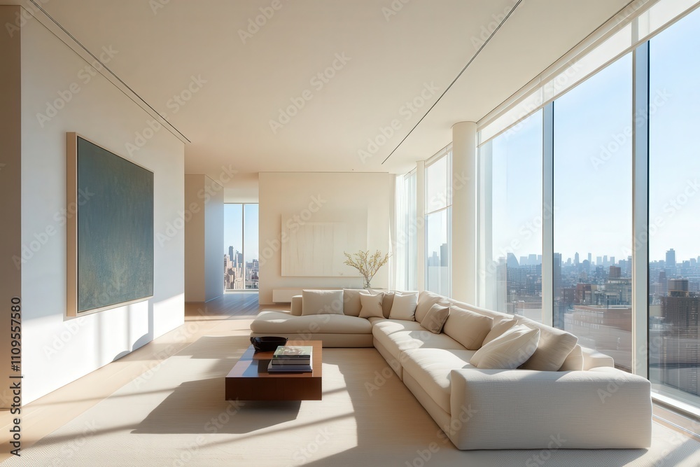 Fototapeta premium Modern Minimalist Living Room with Large Windows Offering City Skyline Views and Bright Natural Light in Stylish Interior Design, Ideal for Contemporary Lifestyle