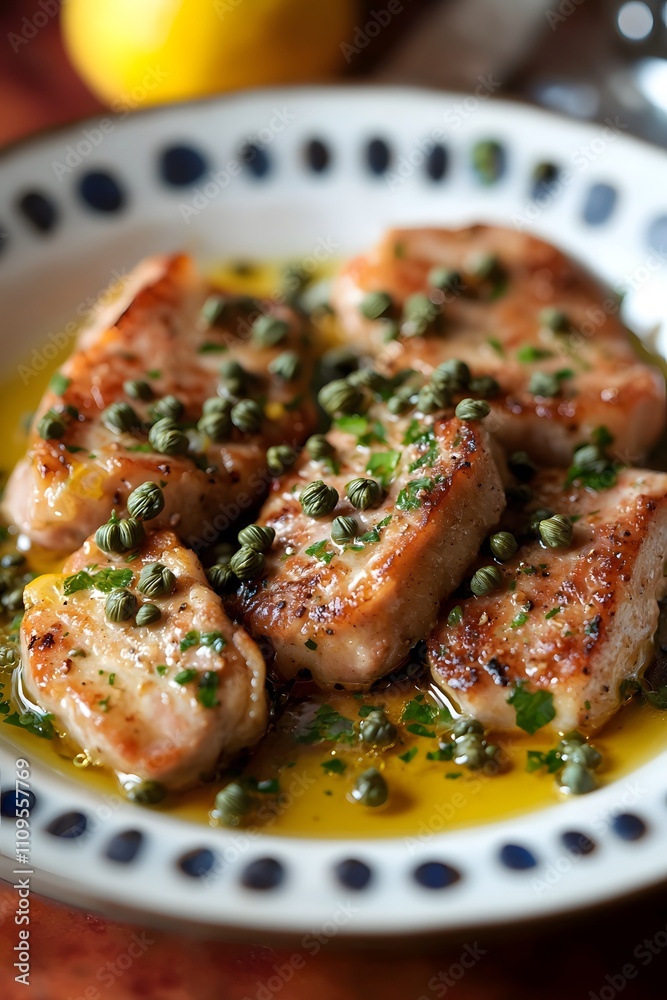 A dish of veal scallopini with capers and lemon sauce. A dish of veal scallopini with capers and lemon sauce.