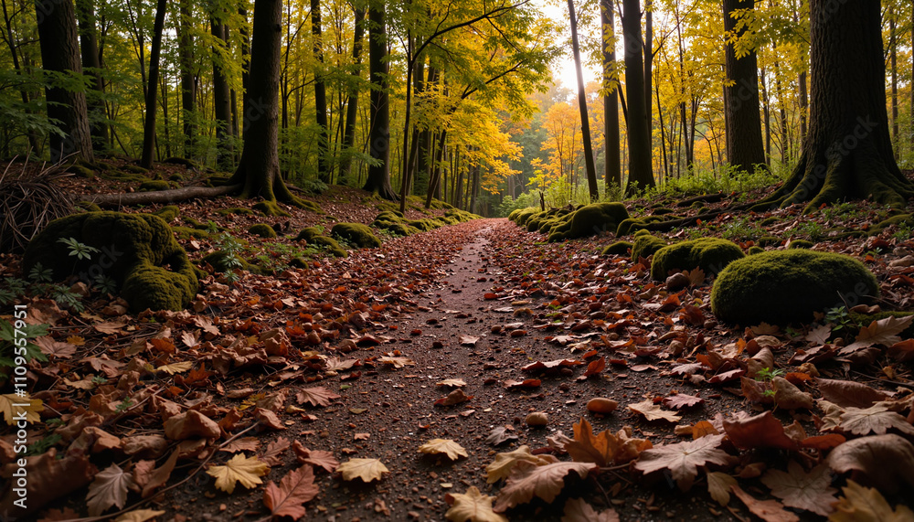 Autumn forest path covered with fallen leaves