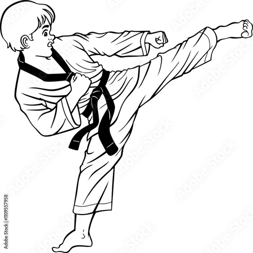 Taekwondo kick techniques line vector illustration 