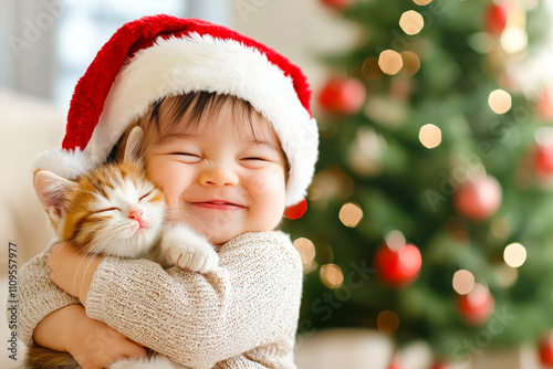 A child wearing a Santa hat happily embraces a kitten, showcasing festive joy beside a beautifully adorned Christmas tree