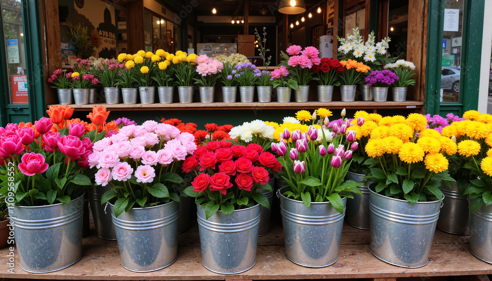 Fototapeta premium Flower shop display with colorful potted flowers